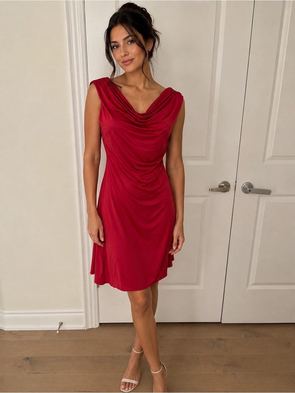 See You Monday Los Angeles Red Cowl Neck Ruched Dress – Size L
